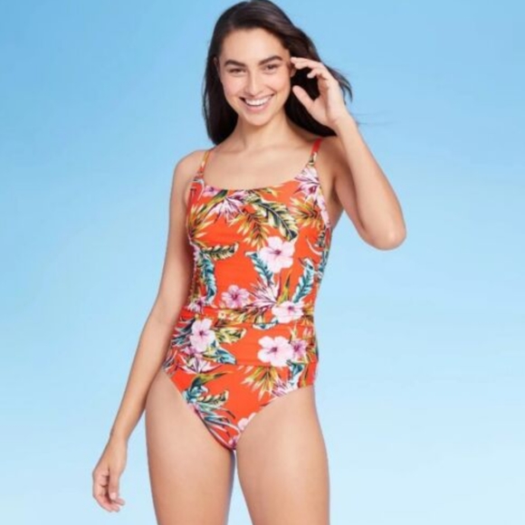 Kona Sol Coral & Multi Floral Hawaiian Print One Piece Ladder Back Swimsuit - Picture 1 of 13